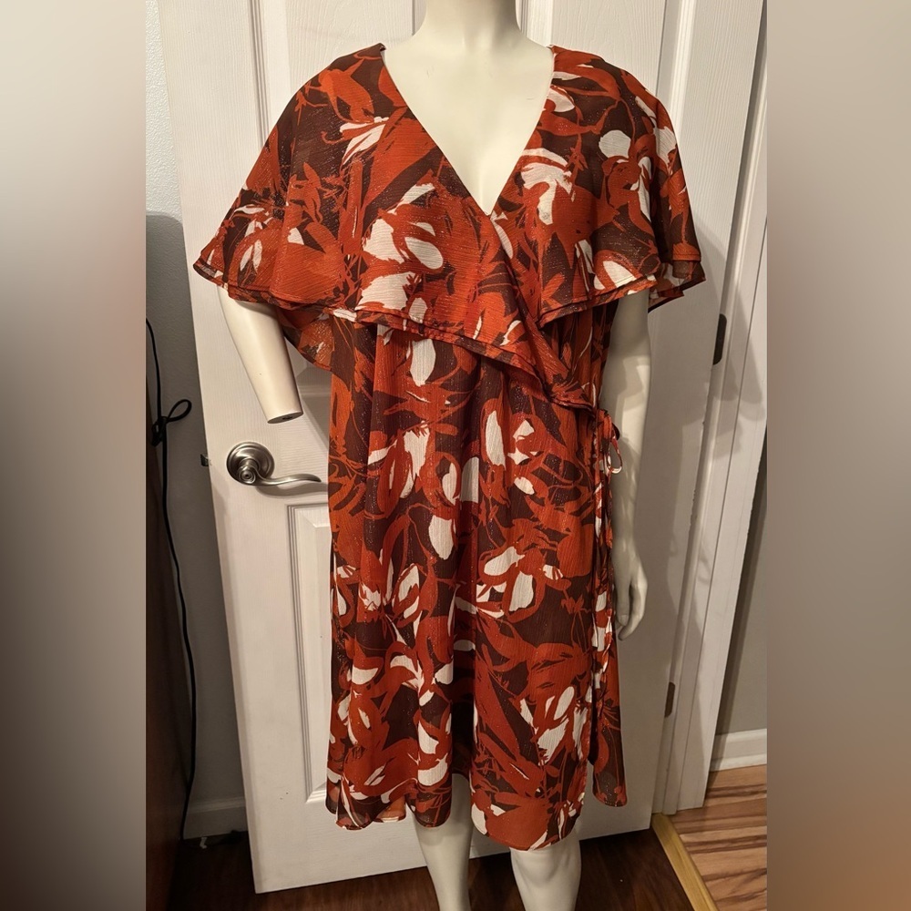 CALVIN KLEIN Flutter Sleeve Wrap Dress 'Earth Multi' Orange Rust Autumn Sz 16
